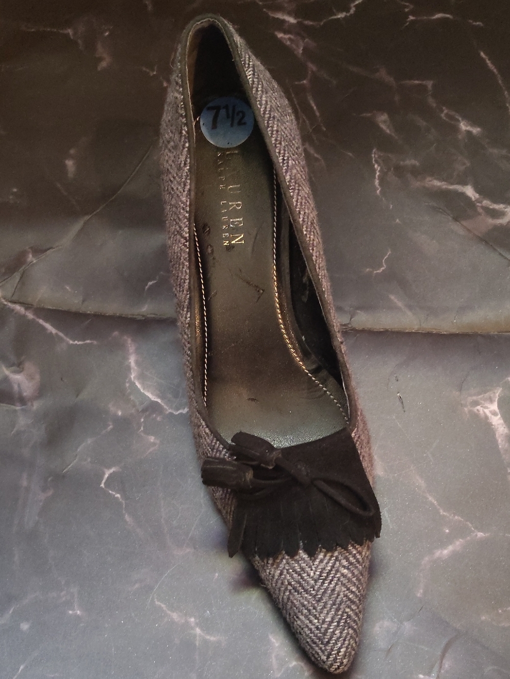 Lauren Ralph Lauren Brown Tweed Pointed Pump with Suede Fringe